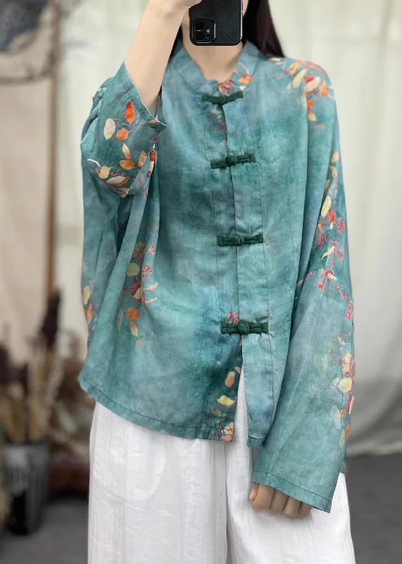 Green Print Patchwork Linen Coat O Neck Long Sleeve