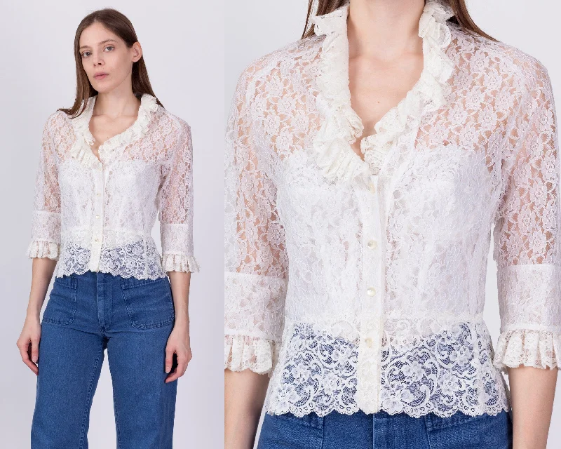 90s Sheer White Lace Blouse - Medium